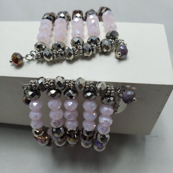 Ali Khan 5 row glass pearl Pink beaded wired wrap opened bracelet - Picture 7 of 7